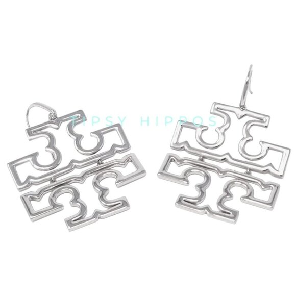 Beautiful Authentic Tory Burch Silver Britten Logo Drop Hoop Earrings - Picture 1 of 6
